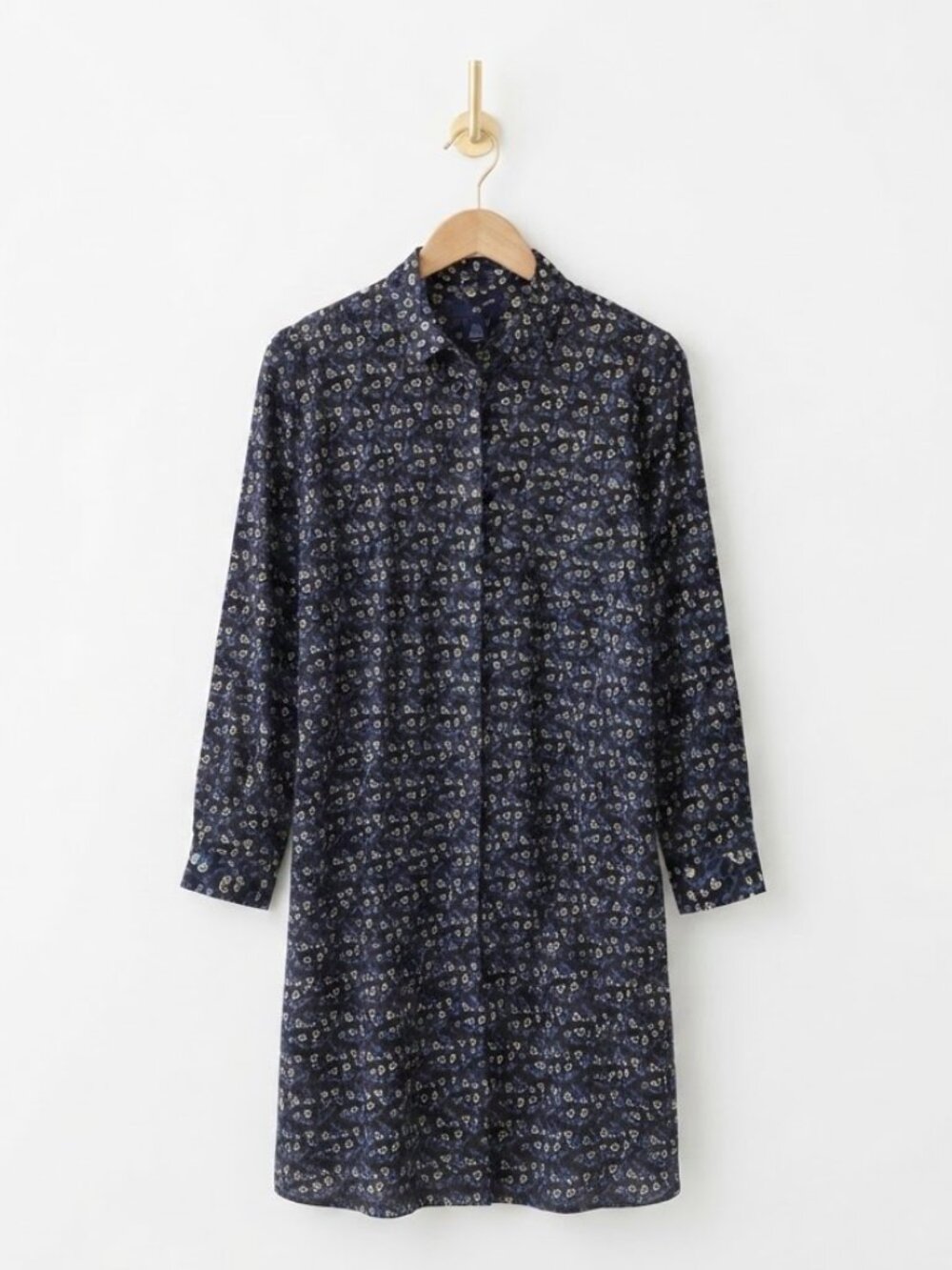 GAP Floral Shirt Dress XL Navy Blue Button Front Long Sleeve Midi Boho Chic
